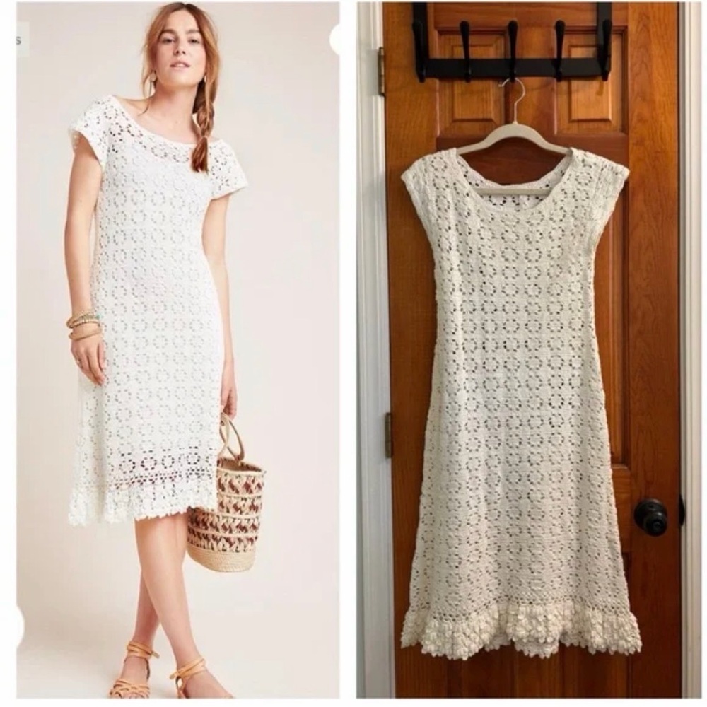 Anthropologie white crochet midi dress, size S